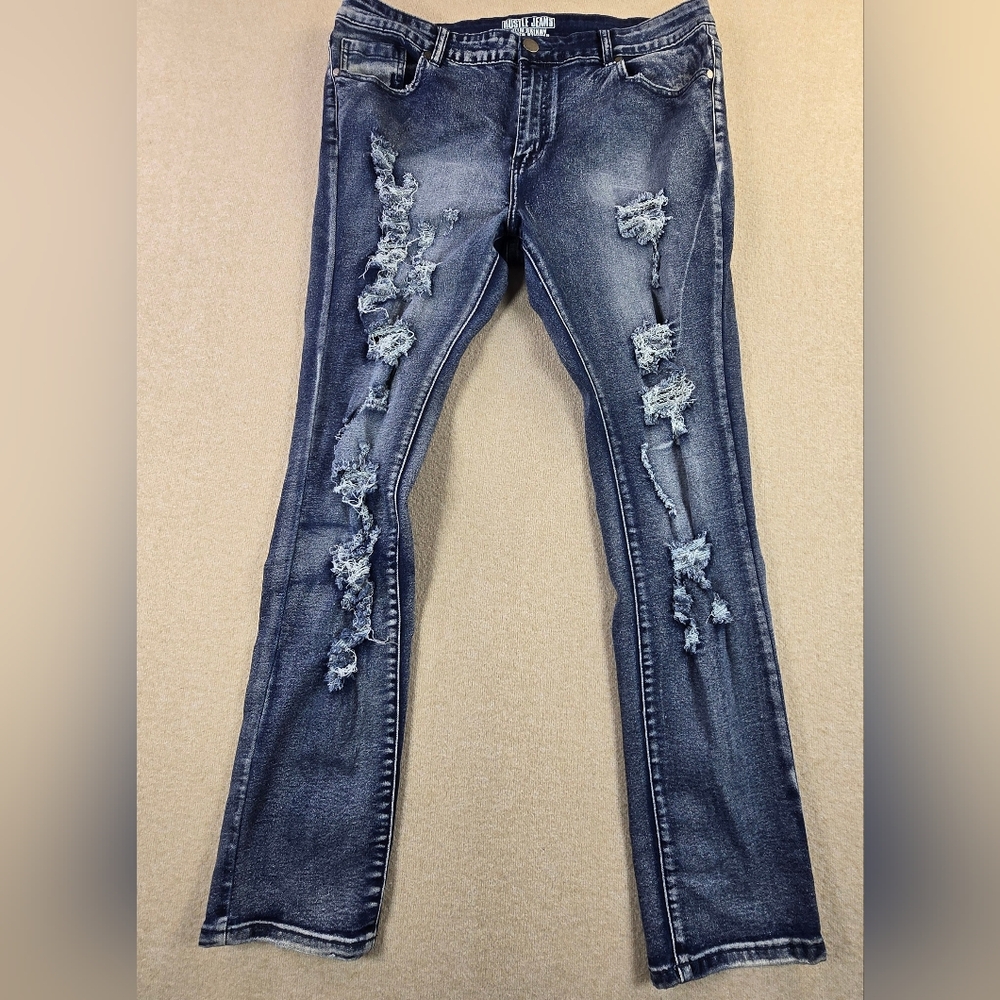 Hustle Jeans Slim Skinny Super Stretch Distressed Blue Size 38